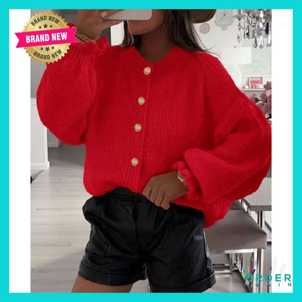 Cropped Cardigan Chunky Knit Ruffle Sleeve Oversized Button Front Fall Sweater - Picture 3 of 8